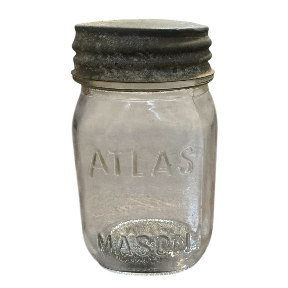 Vintage Square Atlas Mason Jar with Metal Lid and White Milk Glass‎ Seal